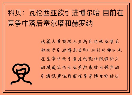 科贝：瓦伦西亚欲引进博尔哈 目前在竞争中落后塞尔塔和赫罗纳