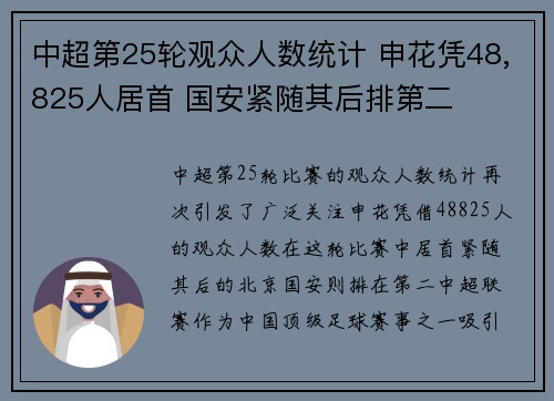 中超第25轮观众人数统计 申花凭48,825人居首 国安紧随其后排第二